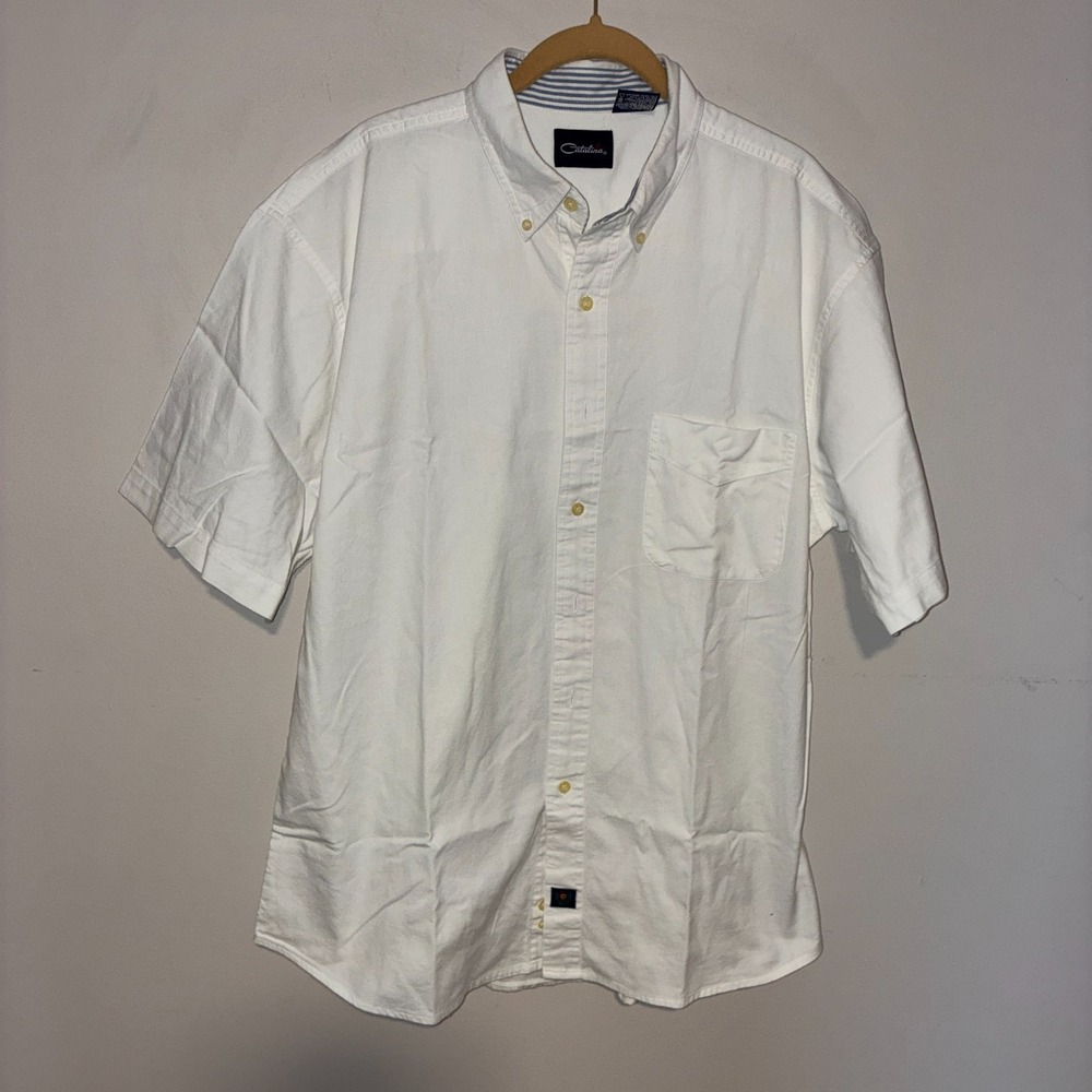 Catalina Button Down Shirt Mens L White Short Sleeve Striped Collar
